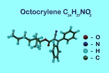 Structural chemical formula and molecular model of octocrylene or octocrilene, an organic ultraviolet filter used in sunscreens and anti-aging creams. Scientific background. 3d illustration