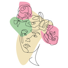 Vector lineart illustration of woman head with flowers. Draw one line.