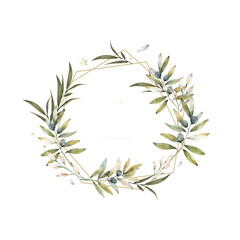 Green olive wreath circle frame. Hand drawn watercolor isolated illustration olive leaves for greeting, invite card. Text, template