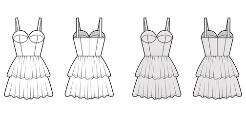 Bustier dress technical fashion illustration with shoulder straps, fitted body, 2 row mini length ruffle tiered skirt. Flat apparel front, back, white grey color style. Women, men unisex CAD mockup