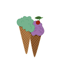 Two cones with green and pink ice cream, pistachio and cherry cold dessert. Vector color illustration of EPS 10.