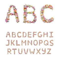 Letters set from beautiful flowers. Abc alphabet for holiday decoration.