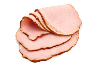 Smoked pork loin slices, isolated on white background. High resolution image.