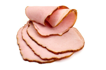 Smoked pork loin slices, isolated on white background. High resolution image.