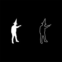 Wizard holds magic wand trick Waving Sorcery concept Magician Sorcerer Fantasy person Warlock man in robe with magical stick Witchcraft in hat mantle Mage conjure Mystery idea Enchantment silhouette 