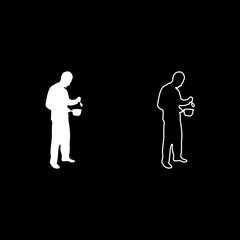 Man with saucepan spoon in his hands preparing food Male cooking use sauciers silhouette white color vector illustration solid outline style image