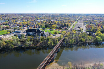 Aerial of the railway bridge over Grand River in Cambridge, Ontario, Canada