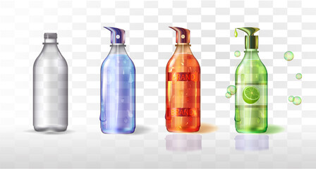 Plastic or glass bottle with label.3d.Realistic.Lemon liquid soap.
White background.Set of Transparent bottles. 
Air freshener. Perfume. Blue glass bottle.For designers.
Vector stock illustration.