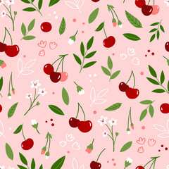 Seamless floral pattern with cherry, flowers and leaves on pink background