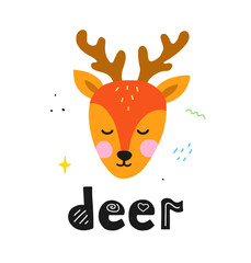 Cute hand drawn face deer with lettering. Flat vector animal illustration for kids design.