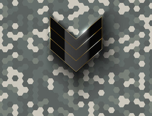 Military black glossy sergeant rank sign on hex pixel camouflage background. Modern army camouflage hexagon pixel texture. Futuristic gray camo background. Black sign with golden frame