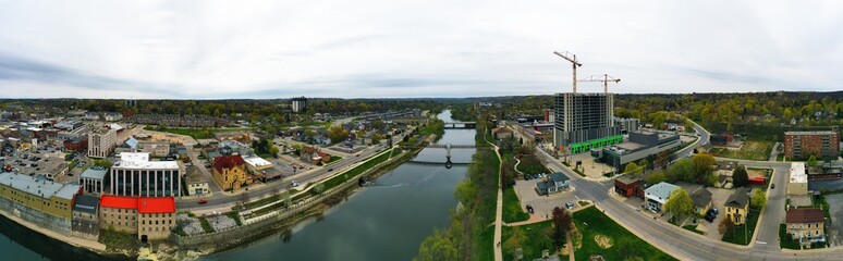 Aerial panorama of the city of Cambridge, Canada along the Grand River