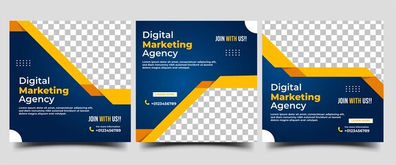 Digital marketing social media post template. Modern banner with blue background and abstract yellow shape. Usable for social media, flyers, and websites.