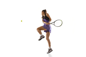 Fototapeta na wymiar Young caucasian woman playing tennis isolated on white studio background in action and motion, sport concept