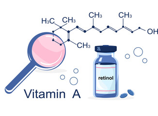 Vitamin A with Chemical formula. Retinol, beta carotene. Anti aging complex pills.Loupe zooms atomic structure.Nutrition for vision disease prevention and treatment. Infographic elements. Vector