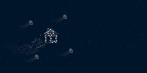 Obraz na płótnie Canvas A house symbol filled with dots flies through the stars leaving a trail behind. Four small symbols around. Empty space for text on the right. Vector illustration on dark blue background with stars