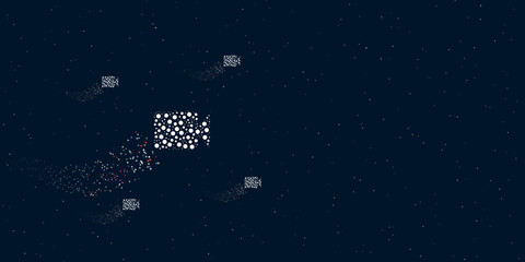 A video camera symbol filled with dots flies through the stars leaving a trail behind. There are four small symbols around. Vector illustration on dark blue background with stars