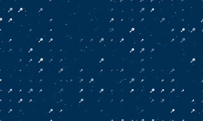 Seamless background pattern of evenly spaced white baby rattle symbols of different sizes and opacity. Vector illustration on dark blue background with stars