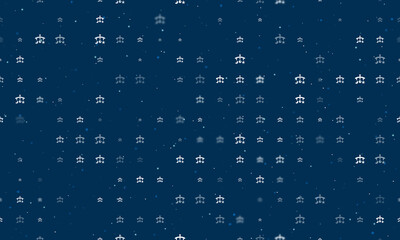 Seamless background pattern of evenly spaced white baby mobiles of different sizes and opacity. Vector illustration on dark blue background with stars