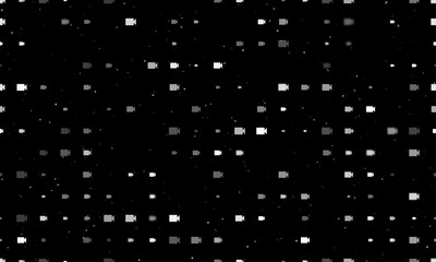 Seamless background pattern of evenly spaced white video camera symbols of different sizes and opacity. Vector illustration on black background with stars