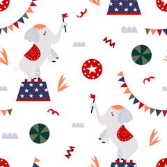 Pattern the circus elephant. Cute circus animals. Background for use in design, packing, web site, fabric. Vector background.