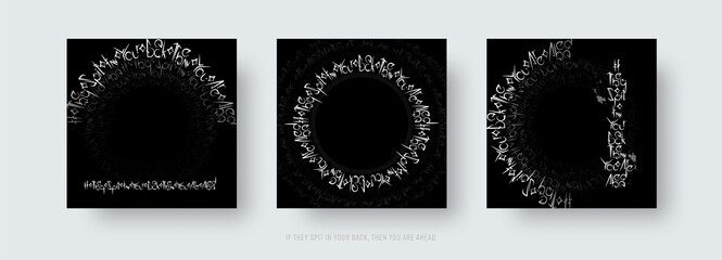 Vector calligraphic lettering in Gothic style on black background. Circular design