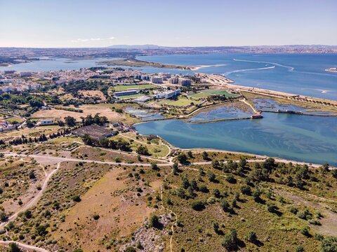 Aerial view of the Bay in Seixal along the Tagus river during a beautiful day, Seixal, Setubal, Portugal.