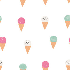 Seamless pattern with ice cream elements in a cone. Sweet summer delicacy with different tastes,collection isolated popsicle with different topping.Vector illustration for web,design, print.	