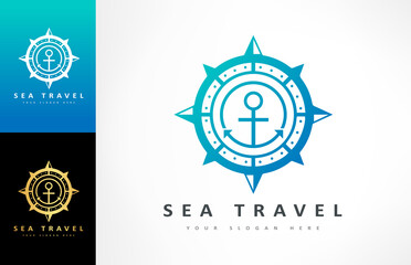 Anchor and compass logo vector. Ship and tourism design. Tourist navigation device.