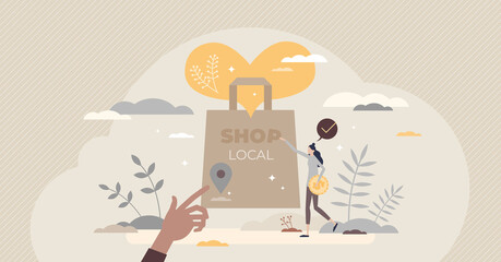 Shop local and support small business with your purchase tiny person concept. Market loyalty and sustainable product protection with organic grocery buying straight from farmer vector illustration. - obrazy, fototapety, plakaty