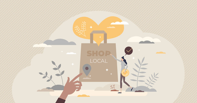 Shop local and support small business with your purchase tiny person concept. Market loyalty and sustainable product protection with organic grocery buying straight from farmer vector illustration.
