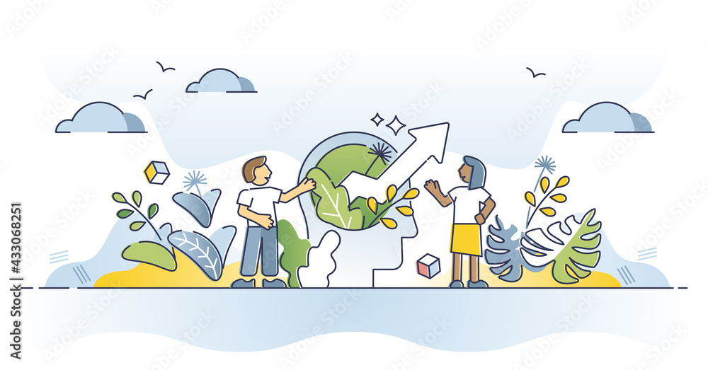 Poster vision for business growth and idea development management outline concept. head with arrow as smart
