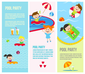 Pool party invitations banners. Happy children have fun  at the poolside.  Vector illustration