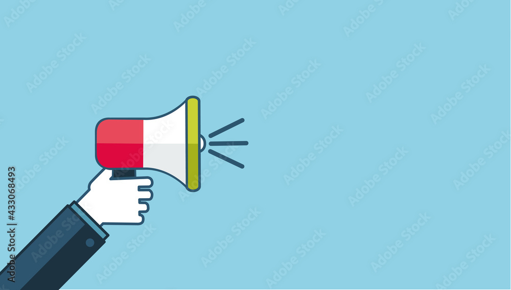 Poster loud megaphone message template with blank empty bubble speech announcement vector flat cartoon