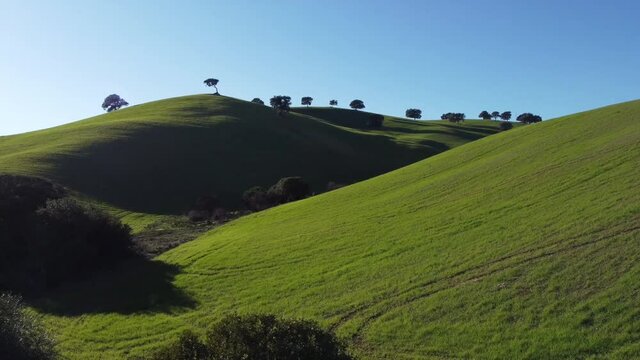 Aerial drone fly over beautiful meadow rolling hills nature sunny day, Spain