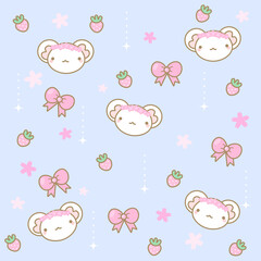 Kawaii pattern with mice, flowers and strawberries on a blue background
