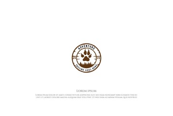 Vintage Retro Bear Wolf Footprint and Pine Cedar Spruce Fir Trees Forest for Outdoor Wilderness Adventure Logo Design Vector