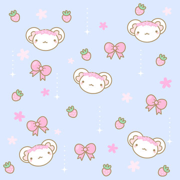 Kawaii pattern with mice, flowers and strawberries on a blue background © Elizabeth