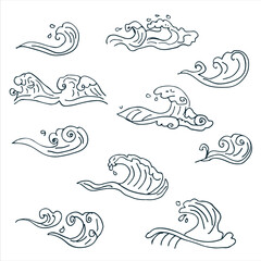 Vector set of hand drawn ocean waves. Doodles