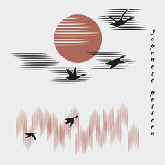 Ducks, geese fly into bright sun.Autumn forest, clouds in sky on white background with black birds. Minimalistic pattern in Japanese style. Vector illustration, birds in the form of hieroglyphs.