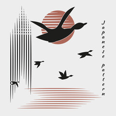 Ducks, geese fly into bright sun. Sea, clouds in sky on white background with black birds. Minimalistic pattern in Japanese style. Vector illustration, birds in form of hieroglyphs.
