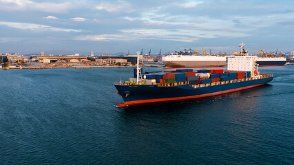 Aerial view container ship carrying container in import export business logistic and transportation