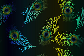 rainbow multicolored peacock feathers, seamless pattern