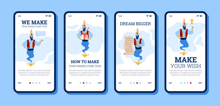 Set Of Mobile Apps For Support Services With Helpers Genies Granting Wishes.