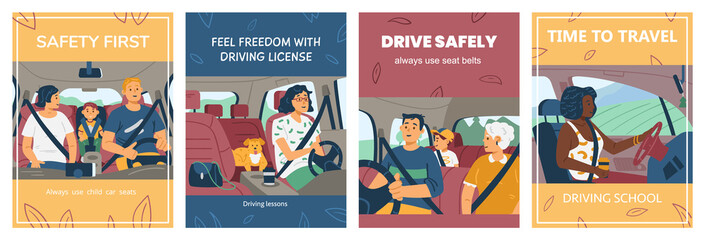 Set of banners or posters with people inside car, flat vector illustration.