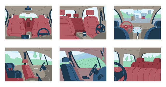 Set of vector posters with car interiors, views inside vehicle, empty auto salons