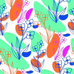 Line art floral pattern. Trendy texture for any purposes. Bright and colorful spring or summer print.