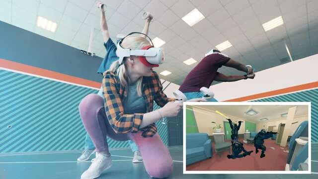 Team of players are playing a virtual shooter. Virtual reality video game concept.