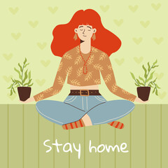 Young woman relax in pose lotus stay at home and hold pots with green plants.