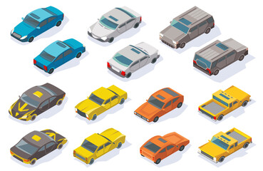 Isometric cars icons collection. Vector flat colorful 3d automobile set. Urban transport for passenger and service cars with shadow. Transportation technology